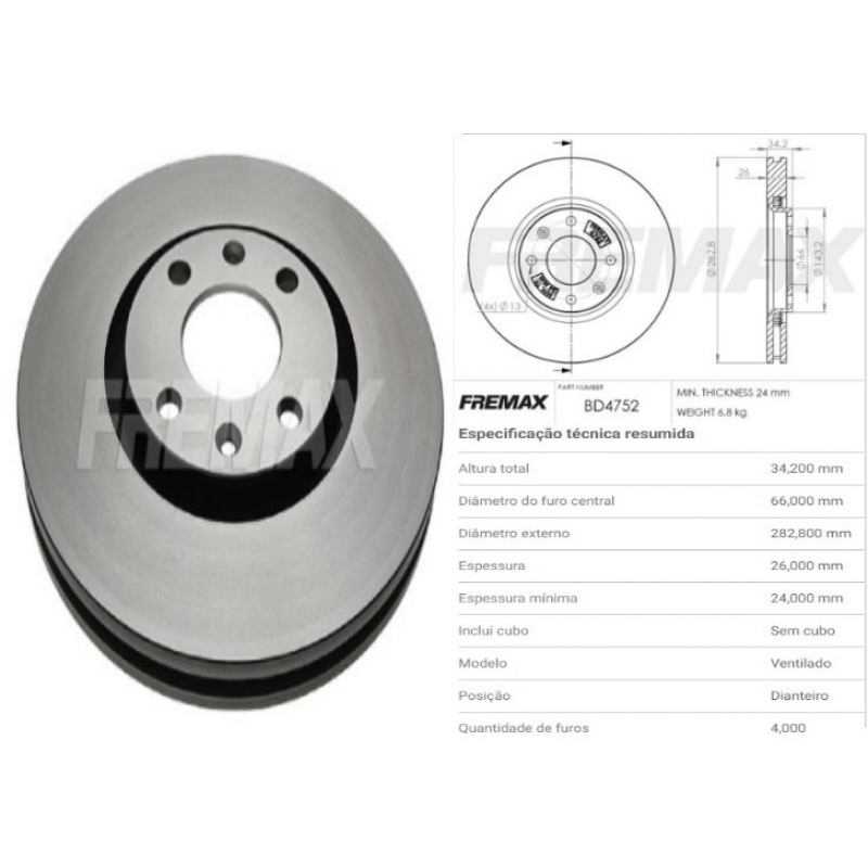 Disco Freio Dianteiro Peugeot 307 / Citroen C4 Vtr C4 Pallas C4 Picasso C5 2.0 (ventilado/283mm) Fremax