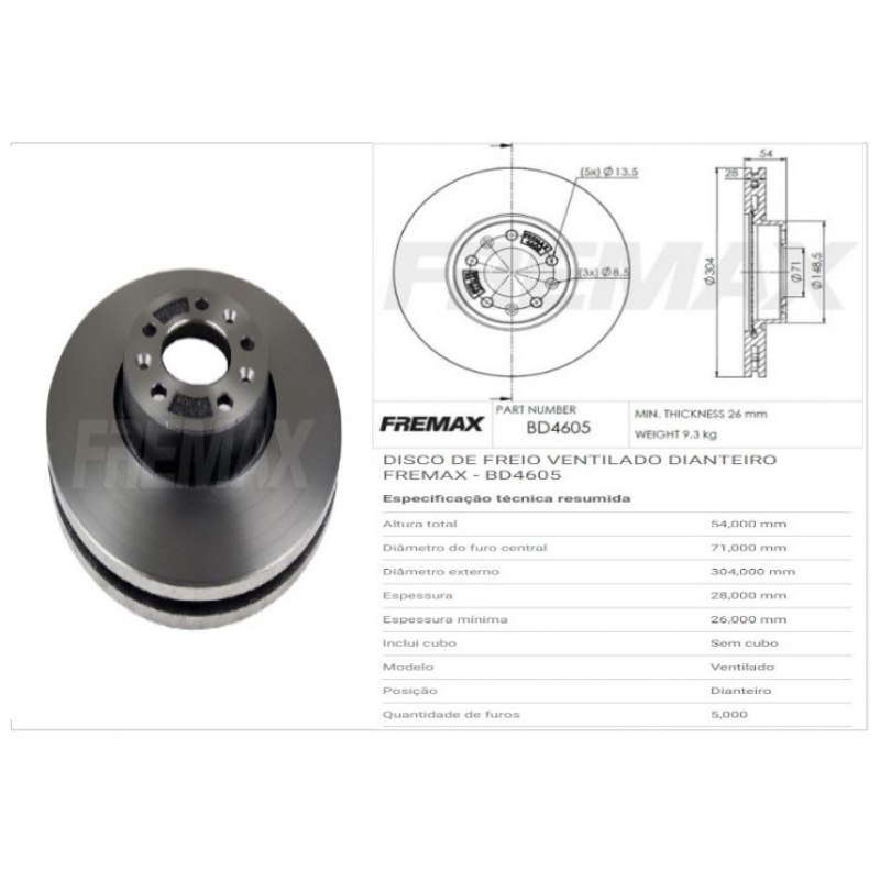 Disco Freio Dianteiro Citroen Jumpy Expert 1.6 Turbo 18/ (ventilado/304mm) Fremax