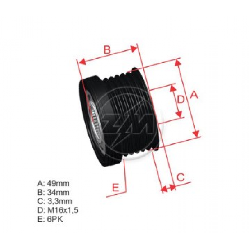 Polia Roda Livre Alternador Bmw 2.0 3.0 2006/2012 - 6pk - 49mm - Rosca 16mm Zm