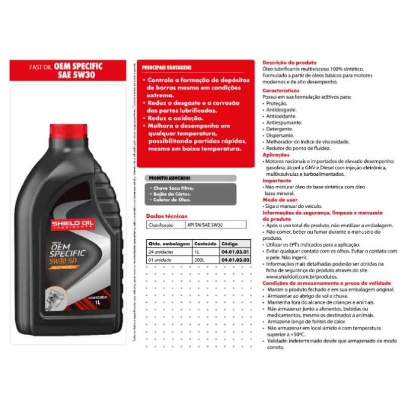 Oleo Motor 05w30 1lt Shield Oil Sintetico Shield Oil