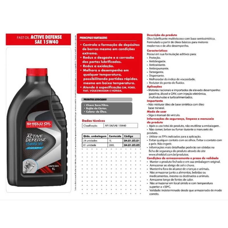 Oleo Motor 15w40 1lt Shield Oil Semi Sintetico Api Sn Shield Oil