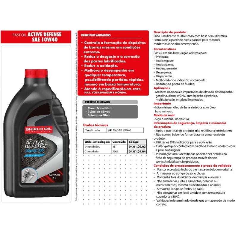 Oleo Motor 10w40 1lt Semissintetico Api Sn/sae Shield Oil